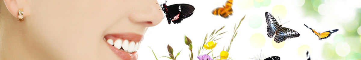 Das Profil einer lächelnden jungen Dame, Schmetterlinge und Frühlingsblumen